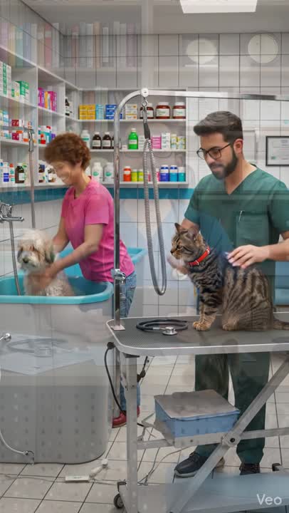 Equipe veterinária cuidando de cães e gatos em ambiente clínico